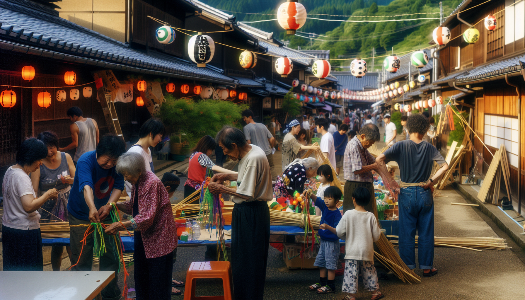地方のお祭りで旅行者と地域住民が協力して準備する様子