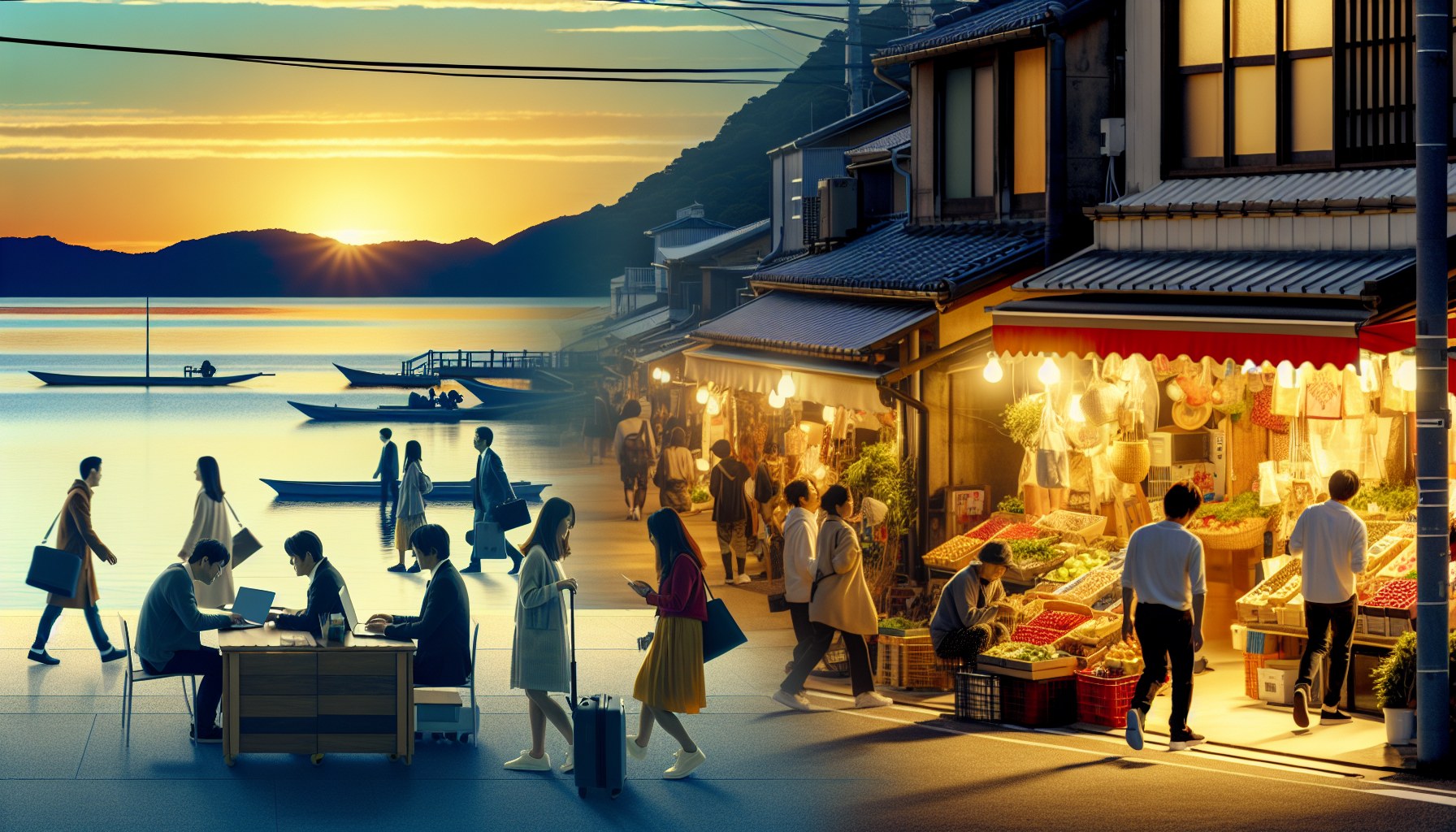 海沿いのワーケーション拠点と早朝に集うリモートワーカー