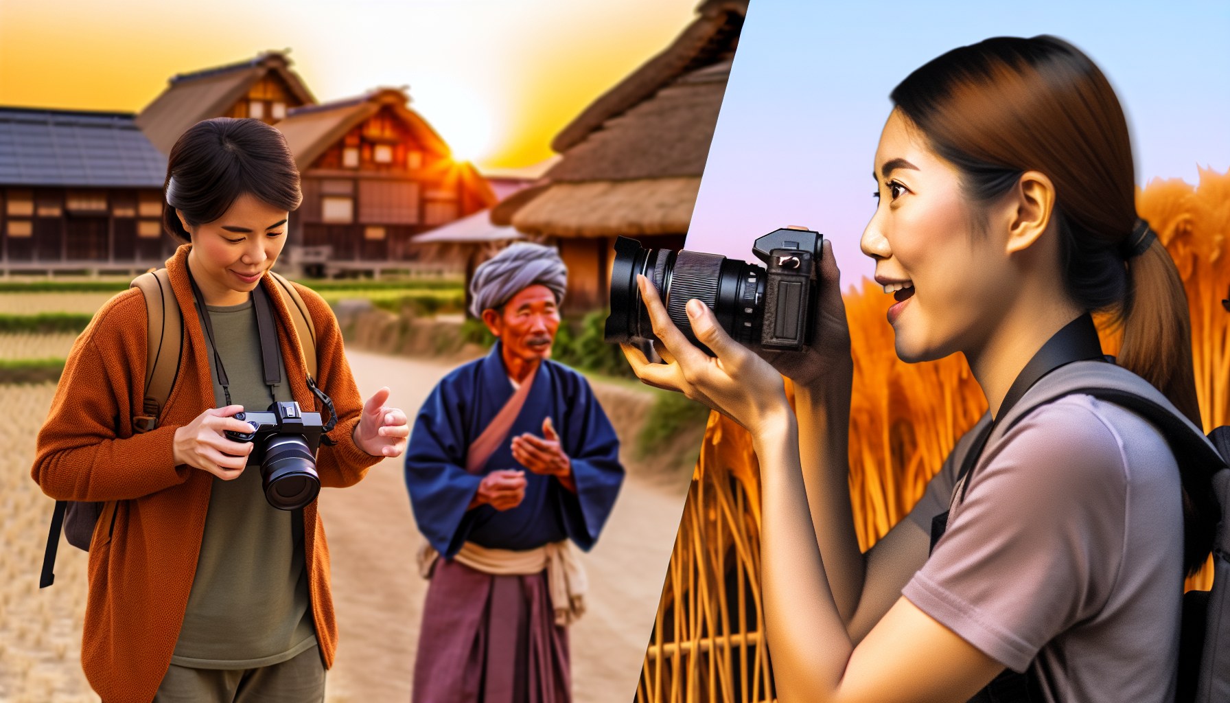 地方の小さな神社で動画撮影をするクリエイターと地域住民