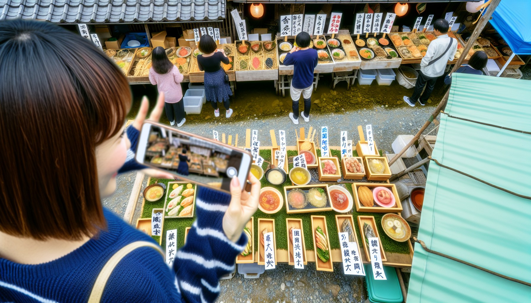 地方市場でローカルグルメを試食しライブ配信する旅行者